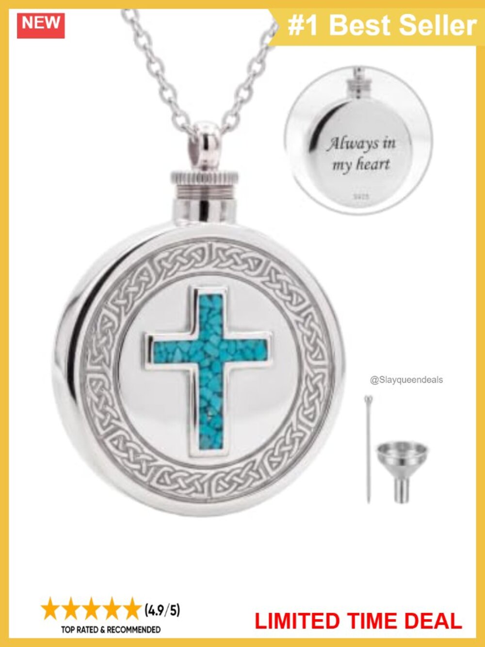 Sterling Silver Celtic Cross Urn Necklace Turquoise Cremation Pendant 24"